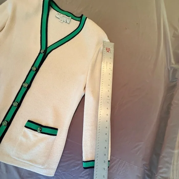 St John Vintage Cream/Navy/Green/Golf Button Sweater/Jacket Size 6/S MSRP $1295 - Picture 7 of 12